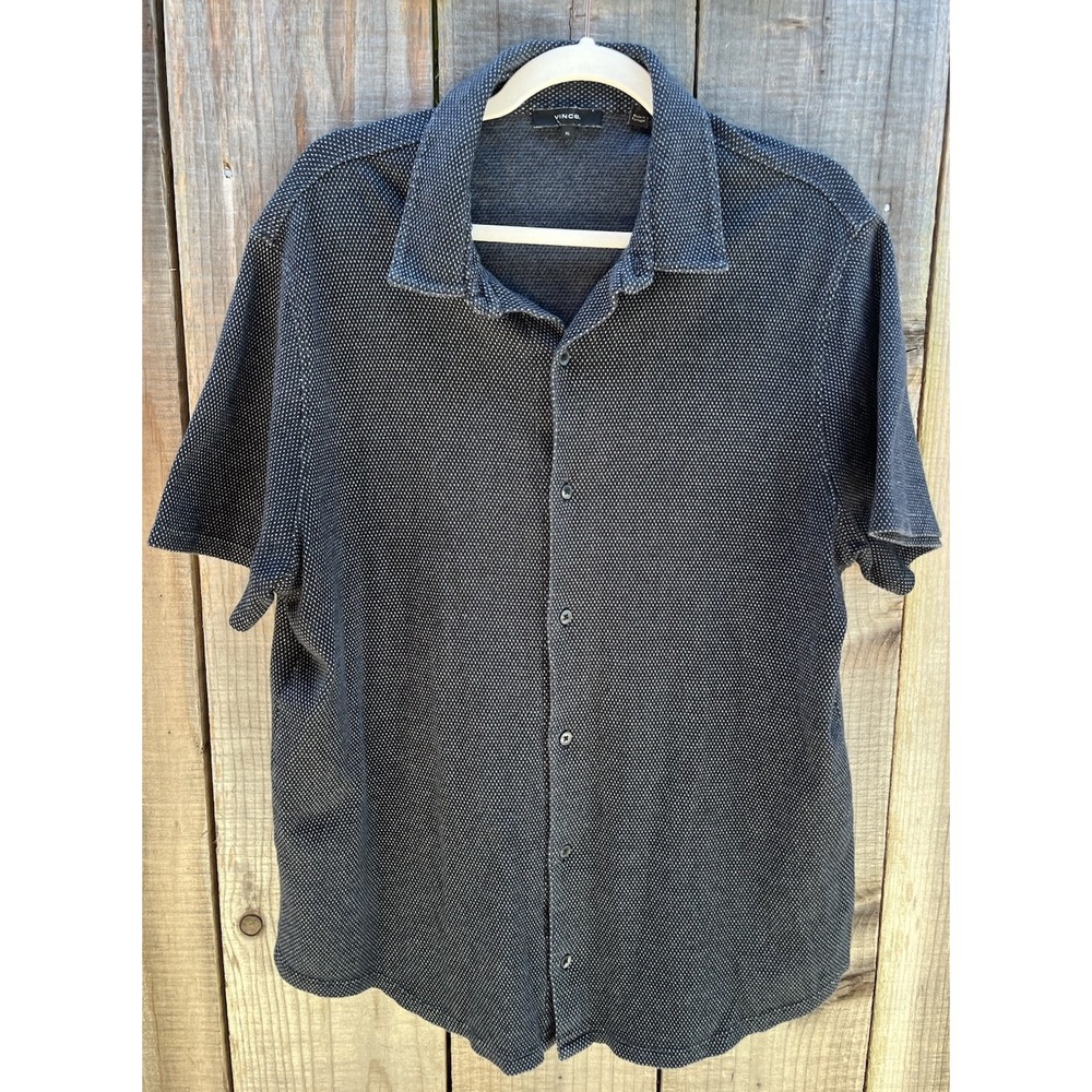 Vince Mens XL Navy Blue White Basketweave Knit Polo‎ Button Down Shirt SS Collar